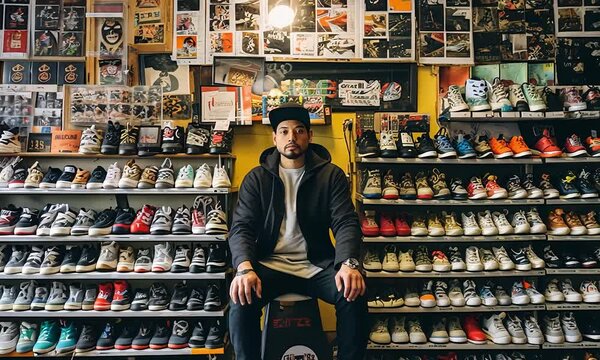 Sneakerhead's Paradise:  A young man, immersed in his passion, sits amidst an impressive collection of sneakers in a vibrant, eclectic store.  