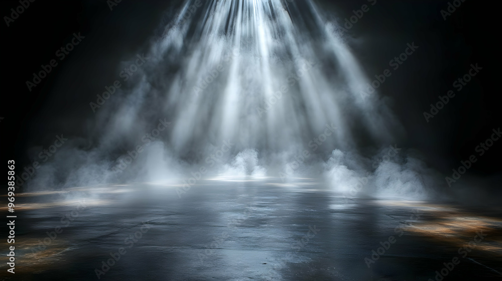 Poster a dramatic scene with beams of light and mist creating an atmospheric effect.