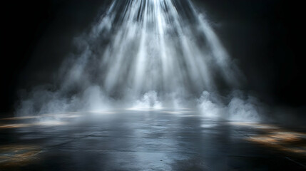A dramatic scene with beams of light and mist creating an atmospheric effect.