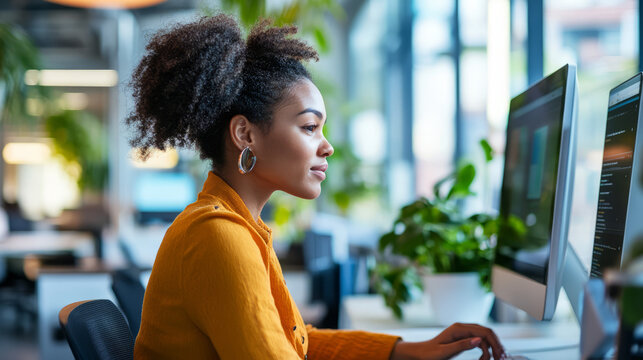 A marketer analyzing the reach and engagement of social media strategies in a vibrant open-plan office