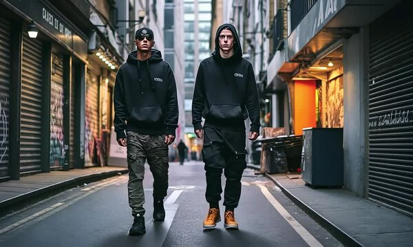 Urban Streetwear Style: Two young men, dressed in contemporary streetwear, exude confidence and coolness as they walk down a gritty alleyway. Their stylish black hoodies, combat pants