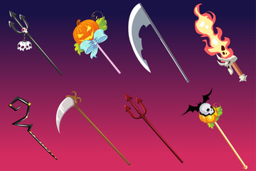 Set of Wands for Fairy, Halloween, Angel, Mermaid, Witch. Set for fantasy Wands Cartoon vector illustration.