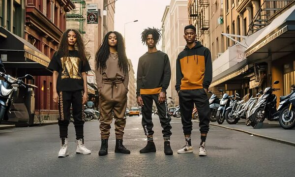 Urban Style Collective: Four friends, radiating confidence, showcase their unique streetwear styles on a vibrant city street. 