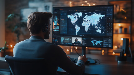A man is sitting in front of a computer monitor with a map of the world on it