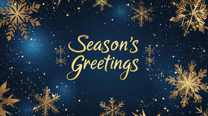 Fototapeta premium Elegant Christmas card, gold snowflakes on dark blue background, luxurious and sophisticated design, sparkling accents.