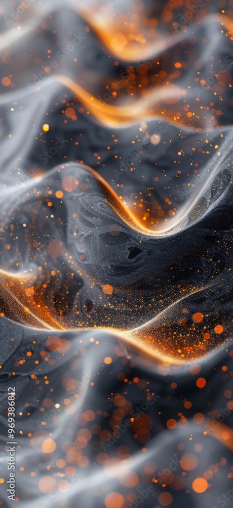Poster abstract swirling patterns with glowing orange highlights against a dark background, creating a vibr