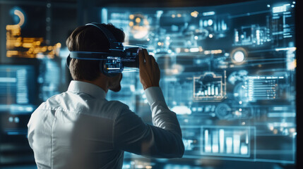 A marketer using augmented reality to explore future digital marketing trends in a high-tech environment