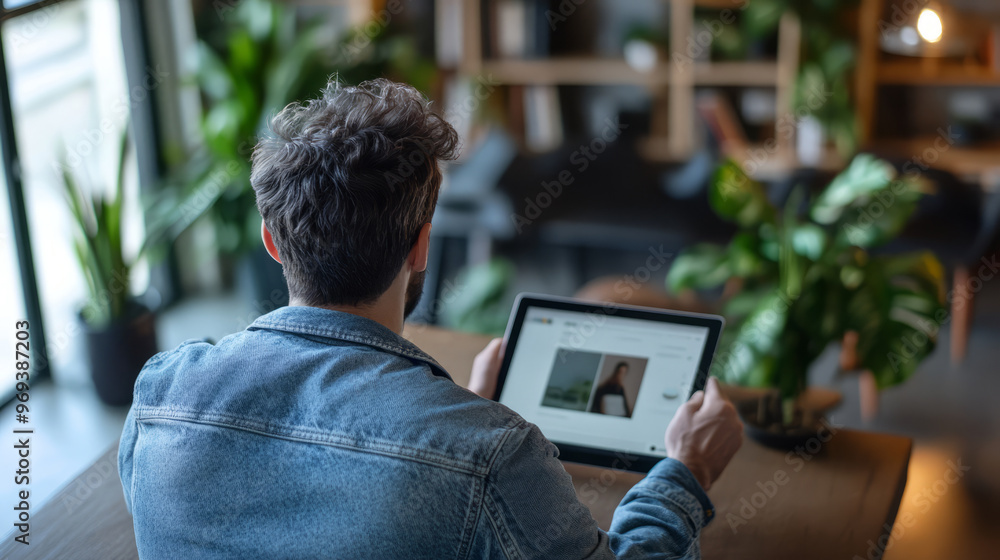 Wall mural A social media manager planning an influencer campaign on a tablet while sitting in a modern workspace