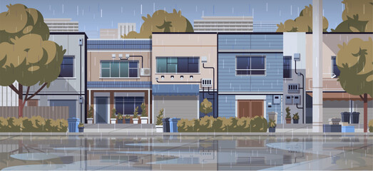 Asian residential street in rainy weather. Vector street landscape view banner © Aroma_Art