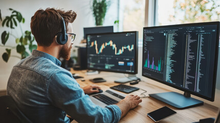 A social media manager tracking real-time trends on multiple devices in a creative studio