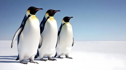 A stunning view of three emperor penguins standing on a snow-covered landscape under a clear blue sky, showcasing their unique features.