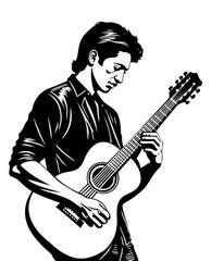 Guitarist. Vector black and white isolated illustration