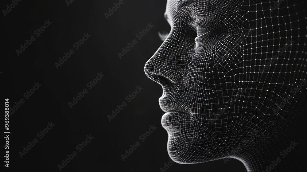 Poster a digital human face made up of data points and lines
