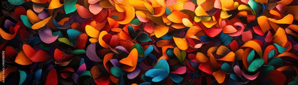 Poster Vibrant multicolored abstract pattern with overlapping shapes, creating a dynamic and lively composition full of energy and movement.