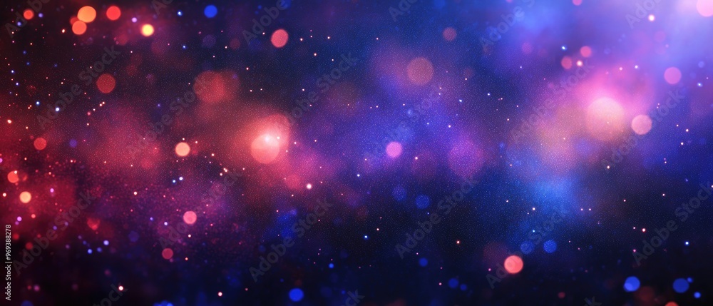 Poster a vibrant cosmic background filled with colorful bokeh effects and star-like elements.