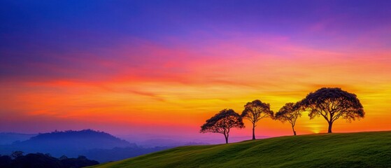 Fototapeta premium Rural Sunset Amidst Rolling Hills and Silhouette Trees