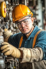 Industrial worker adjusting machinery in factory