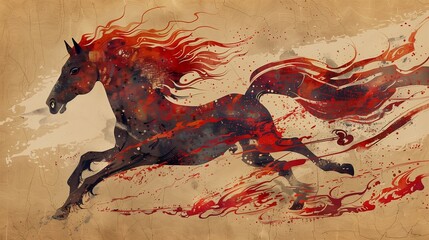 A striking depiction of a galloping horse embodies strength and vitality, vividly illustrated with flowing red mane and intricate details, celebrating the Chinese zodiac.