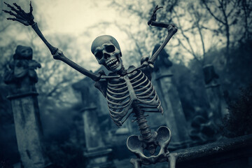 Fototapeta premium A skeleton is standing in a cemetery with a snow-covered skeleton on its back