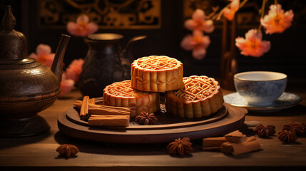 Chinese mooncakes.  Mid Autumn celebration, Happy Chinese translation Mid Autumn festival.