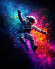 Fototapeta premium Astronaut floating in vibrant cosmic colors, space exploration concept art with surreal and vivid galactic background.