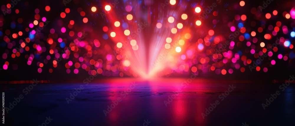 Poster colorful light bokeh effect on a dark background. bright and vibrant lights create a festive, magica