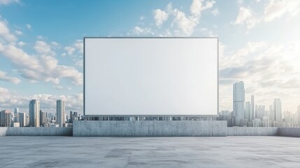 Obraz premium A blank billboard stands against a cityscape, surrounded by a clear sky and modern buildings, ideal for advertising opportunities.