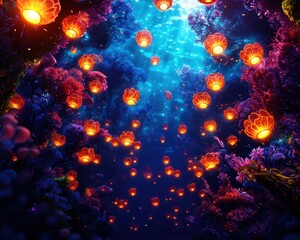 Enchanting underwater scene with glowing lanterns and vibrant coral. A magical ambiance reminiscent of deep-sea wonders and marine fantasy.