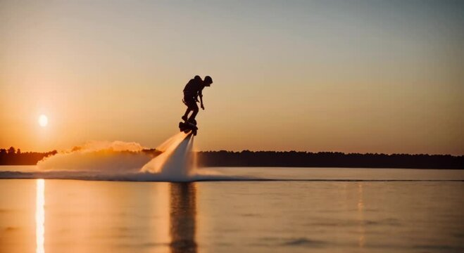 a person hovering over the water on a flyboard at sunset