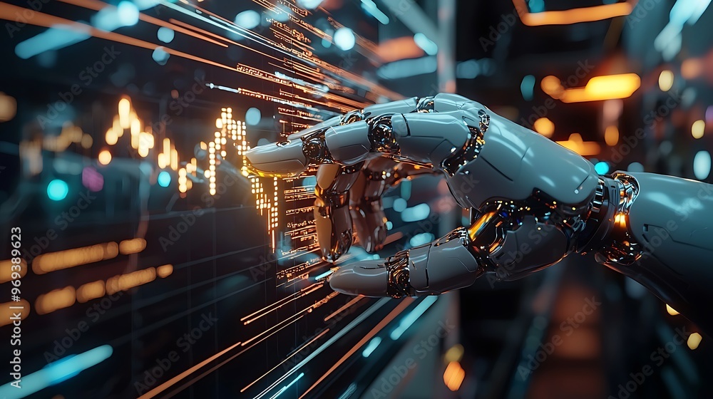 Poster a futuristic robotic hand interacts with stock market data, seamlessly navigating the digital displa