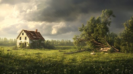 Obraz premium A devastated home with large fallen trees crushing the roof, broken furniture scattered across the lawn, a dark stormy sky looms above, hyperrealistic, muted colors, digital painting