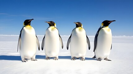 Fototapeta premium Four majestic emperor penguins stand together against a stunning blue sky, capturing the essence of Arctic wildlife.