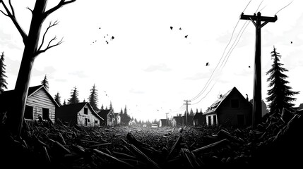 Obraz premium A devastated neighborhood with shattered windows, fallen trees, and collapsed roofs, rendered in a high-contrast black and white sketch, emphasizing the stark destruction and silence