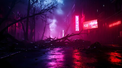 Fototapeta premium A devastated urban street, fallen trees and debris amidst holographic ads flickering on damaged billboards, neon-lit foggy night, futuristic dystopia, high resolution, cinematic style