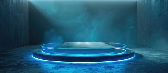 Futuristic glowing podium or platform with circular ring shape and blue neon lighting effects against a dark smoky and atmospheric 3D rendered studio backdrop  Minimalist clean