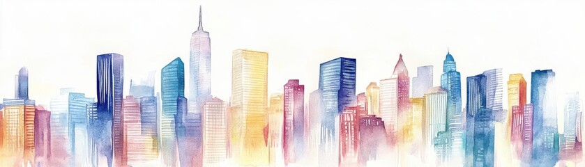 Fototapeta premium A watercolor skyline of a financial district, with buildings painted in soft, washedout colors