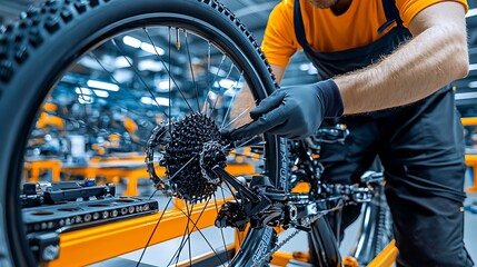 A bicycle mechanic skillfully repairs the rear derailleur of a mountain bike, fine-tuning its precision.