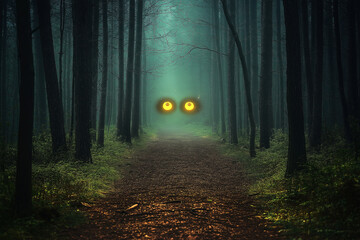 Fototapeta premium A forest path with two glowing eyes in the distance