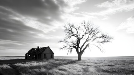 A dilapidated home at the brink of collapse, large trees bent and leaning against its fragile walls, intense shadows cast by the setting sun