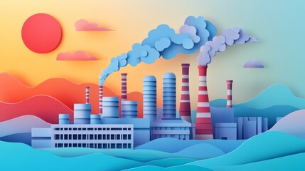 Obraz premium A vibrant illustration of an industrial landscape with smokestacks, representing energy production and environmental themes.