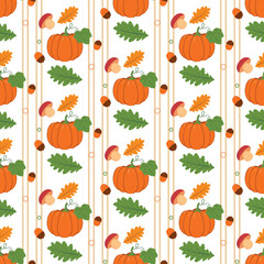 Autumn vector seamless pattern, red and brown mushrooms with aspen and oak leaves, Pumpkins, mushrooms, acorns, oak leaves and aspen leaves in flight