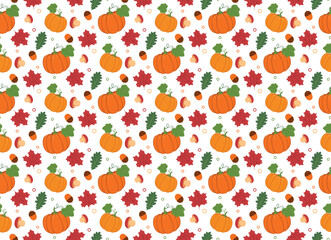 Seamless pattern autumn theme, colorful leaves, mu, red and brown mushrooms with aspen and oak leaves, Pumpkins, mushrooms, acorns, oak leaves and aspen leaves in flight