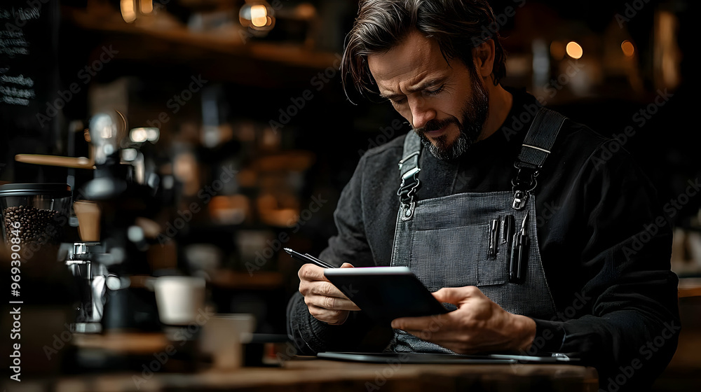 Poster a focused man in a coffee shop using a tablet for work or notes.