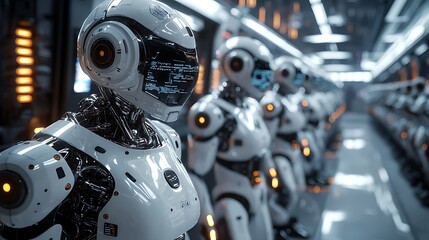 Fototapeta premium A futuristic robot army stands in formation within an industrial setting, ready for action.