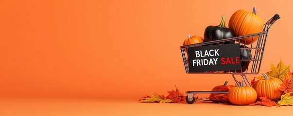 Vibrant shopping cart filled with pumpkins and fall leaves, promoting Black Friday sales against a bright orange background.