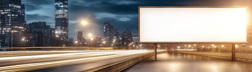 Illuminated billboard in urban setting, showcasing a blank  for advertising against a city skyline during twilight.
