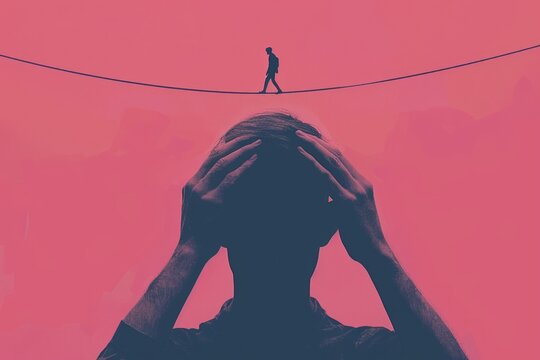 A lone figure walks a tightrope against a vibrant pink sky, representing the balance between thoughts and emotions in a challenging world