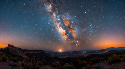 Fototapeta premium Night Sky Landscape with Milky Way and Moon