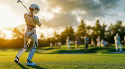A humanoid robot swinging a golf club on a scenic golf course at sunset, blending futuristic technology with sports.