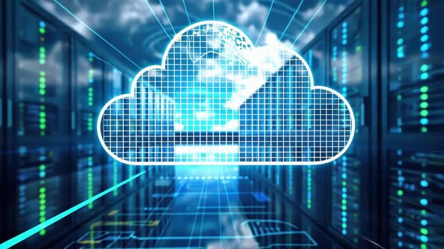 Cloud Computing: Digital Security & Global Reach - A futuristic depiction of a data server room, with a glowing cloud icon representing secure data storage and global connectivity. This image evokes a